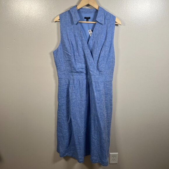 Talbots Linen Faux Wrap Dress Size 16 Petite Blue Minimal Coastal Work Midi - Picture 1 of 8